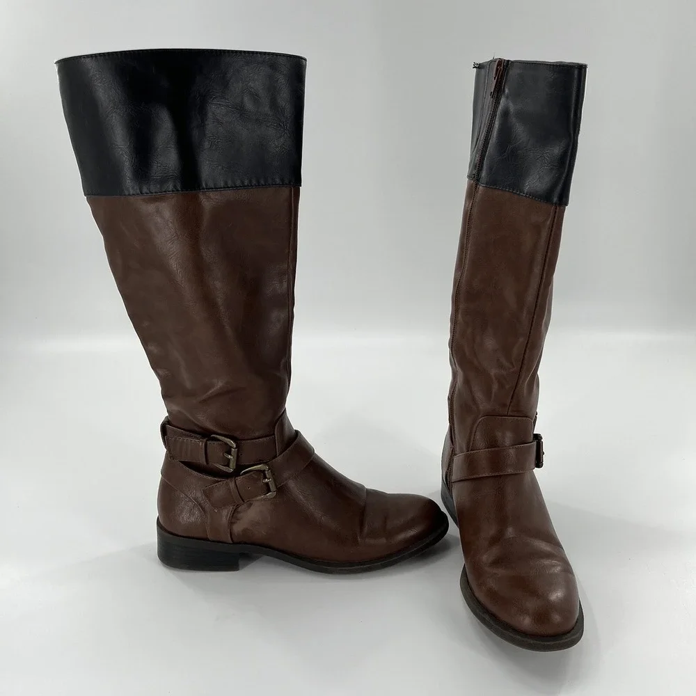 Nine West‎ Riding Boot Women 6.5 M Brown and Black Tall Strap Zip Buckle Leorawm